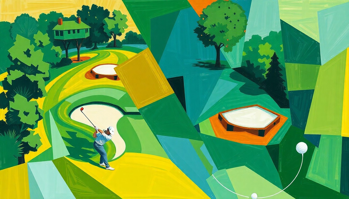 A fragmented, multi-angled painting in bold, overlapping geometric shapes and a vibrant color palette of greens, blues, and golds, conceptually representing the dynamic action and competition of a golf tournament.