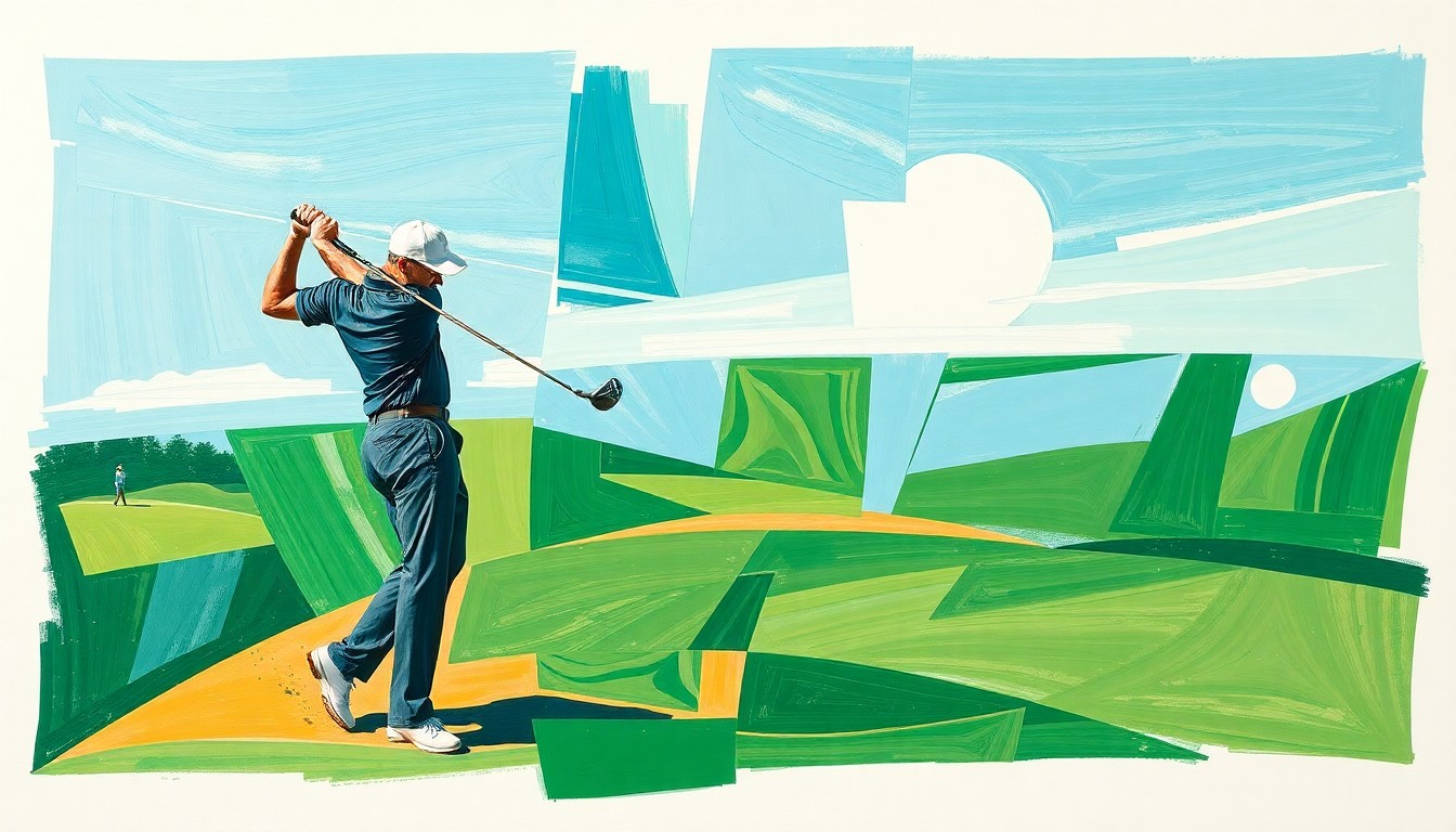A cubist, geometric painting depicting a golfer's swing broken down into overlapping planes of green, blue, and tan, conveying the dynamic motion and energy of the sport.