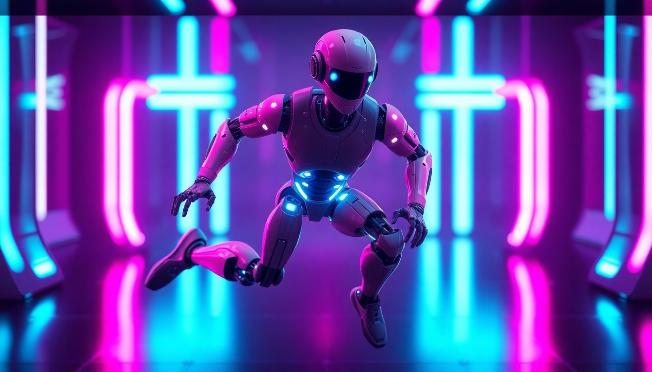 A highly detailed, glowing 3D macro illustration of a sleek, futuristic humanoid robot runner with illuminated joints and limbs, against a backdrop of neon cyan and magenta lights, conceptually representing the rapid advancements in robotics technology.