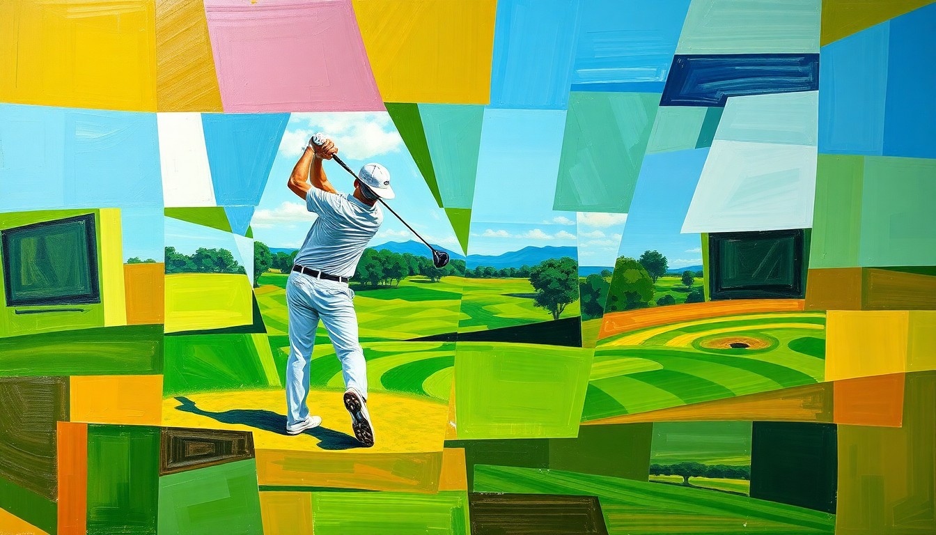 A cubist, geometric painting depicting a fragmented golf swing or golf course scene, using sharp, overlapping planes of vibrant green, blue, and brown colors to capture the dynamic motion and energy of the sport.