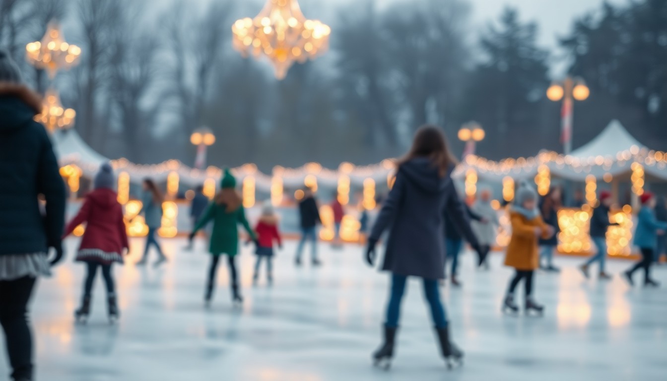 A softly blurred, dreamlike scene of children and families ice skating, with warm pools of light and color creating a nostalgic, atmospheric mood.