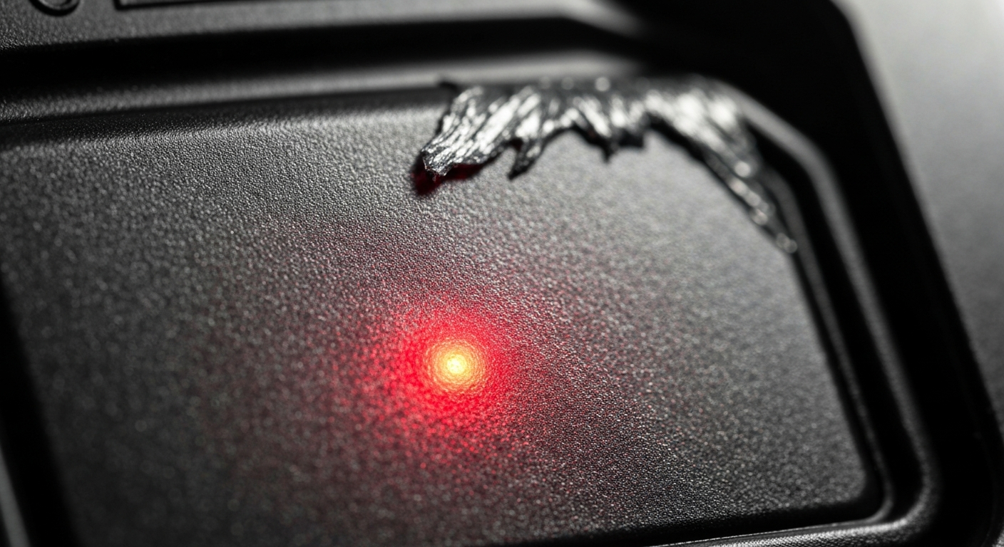 An extreme close-up of a shattered car sensor lens reflecting a faint red light, conceptually illustrating the vandalism of self-driving cars.