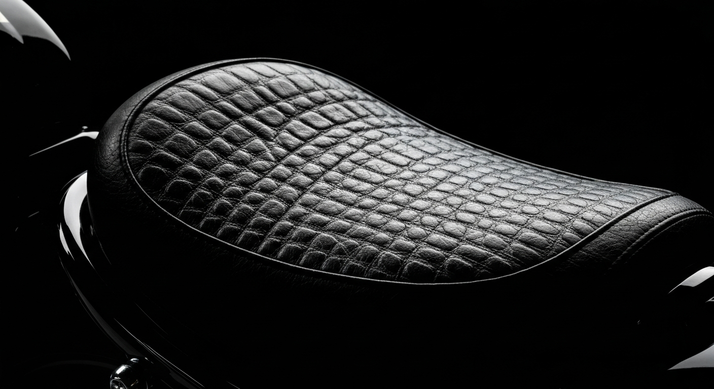 An extreme close-up of a pebbled leather motorcycle seat, captured in high contrast and dramatic lighting to showcase the intricate textures and materials that define the virtual riding experience.