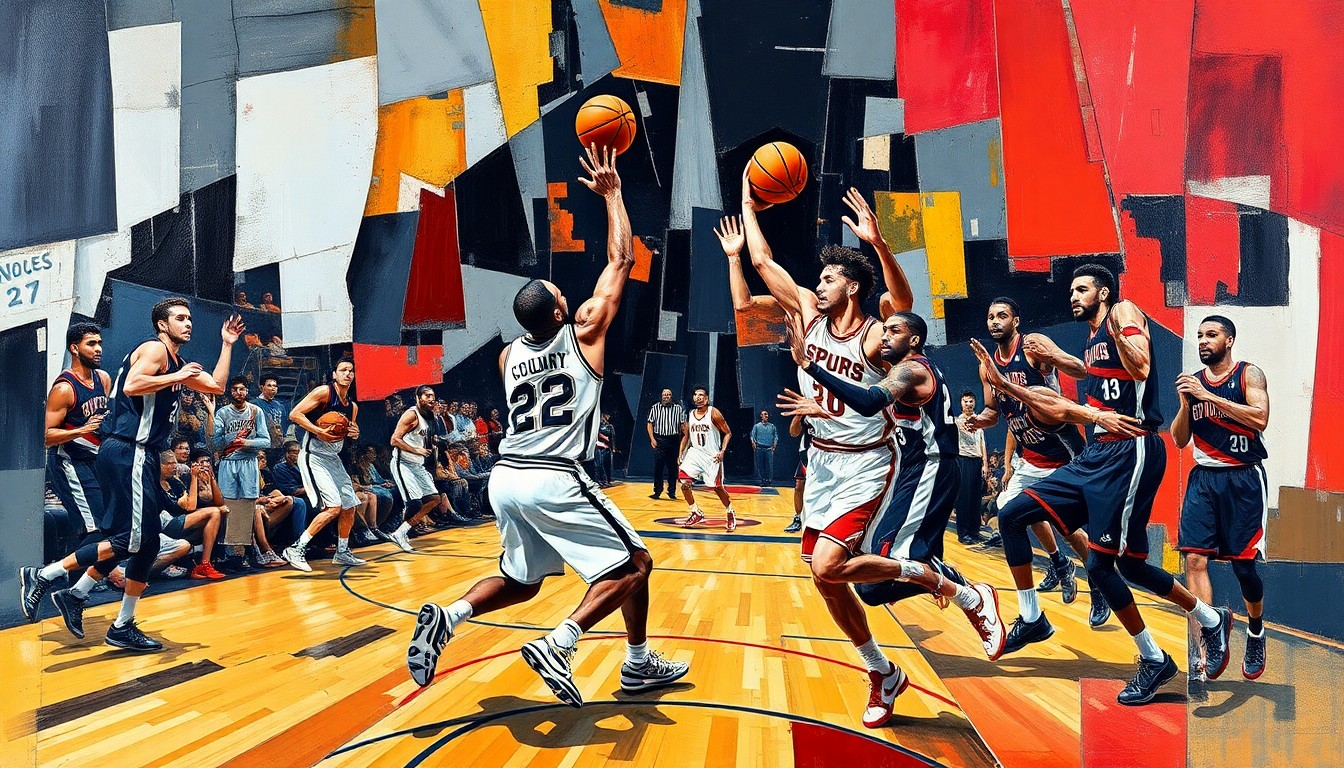 A cubist, geometric painting depicting a fragmented basketball game, with sharp planes of color representing the uniforms of the competing teams.