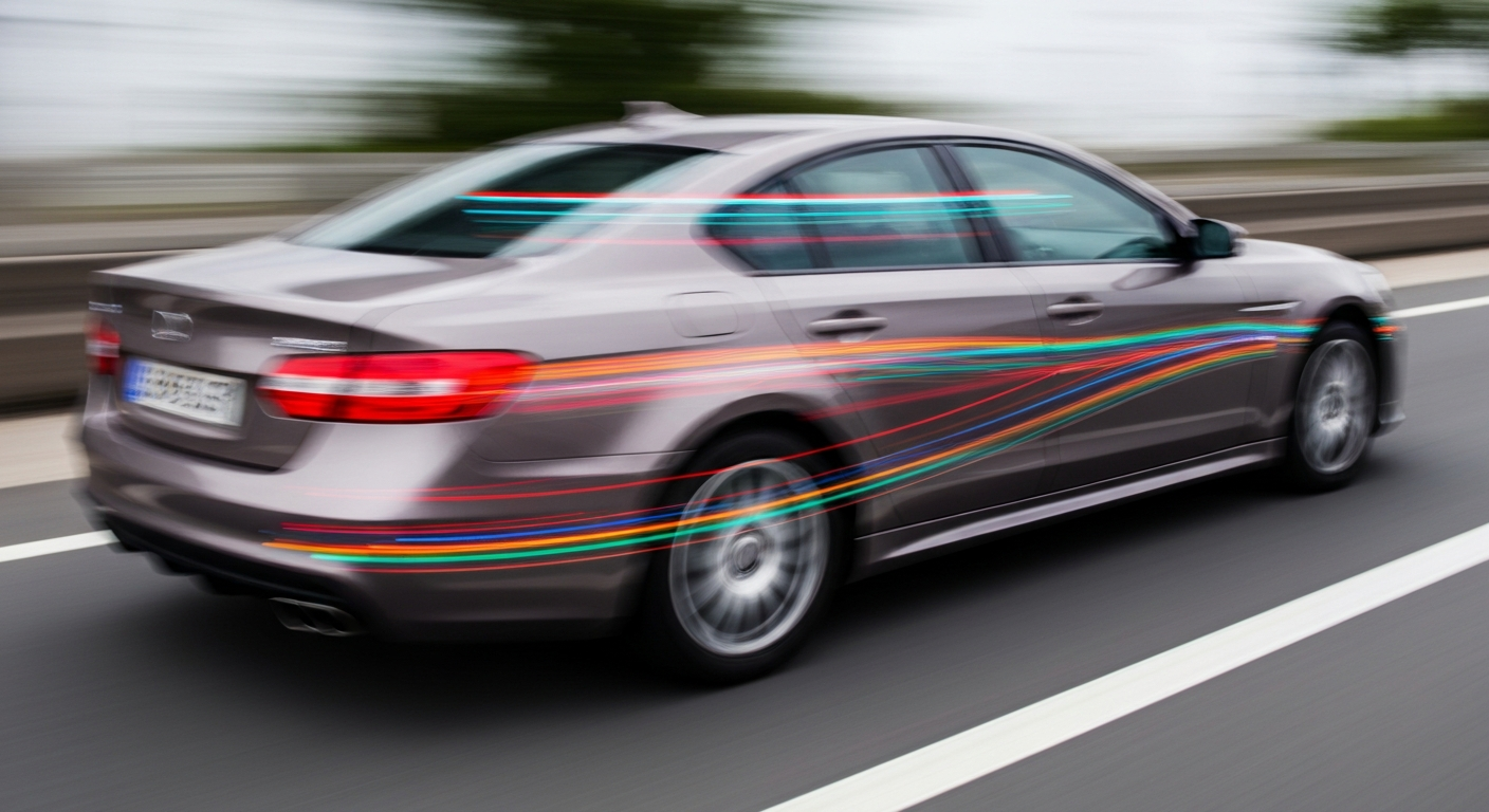 An abstract, blurred image of a car in motion, conveying a sense of speed and modern engineering through sweeping brushstrokes of vibrant color.