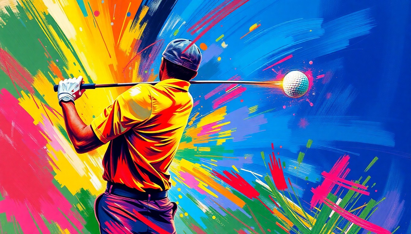 An abstract expressionist painting with vibrant neon brushstrokes capturing the dynamic motion and power of a professional golfer's swing, conveying the energy and excitement of the sport.