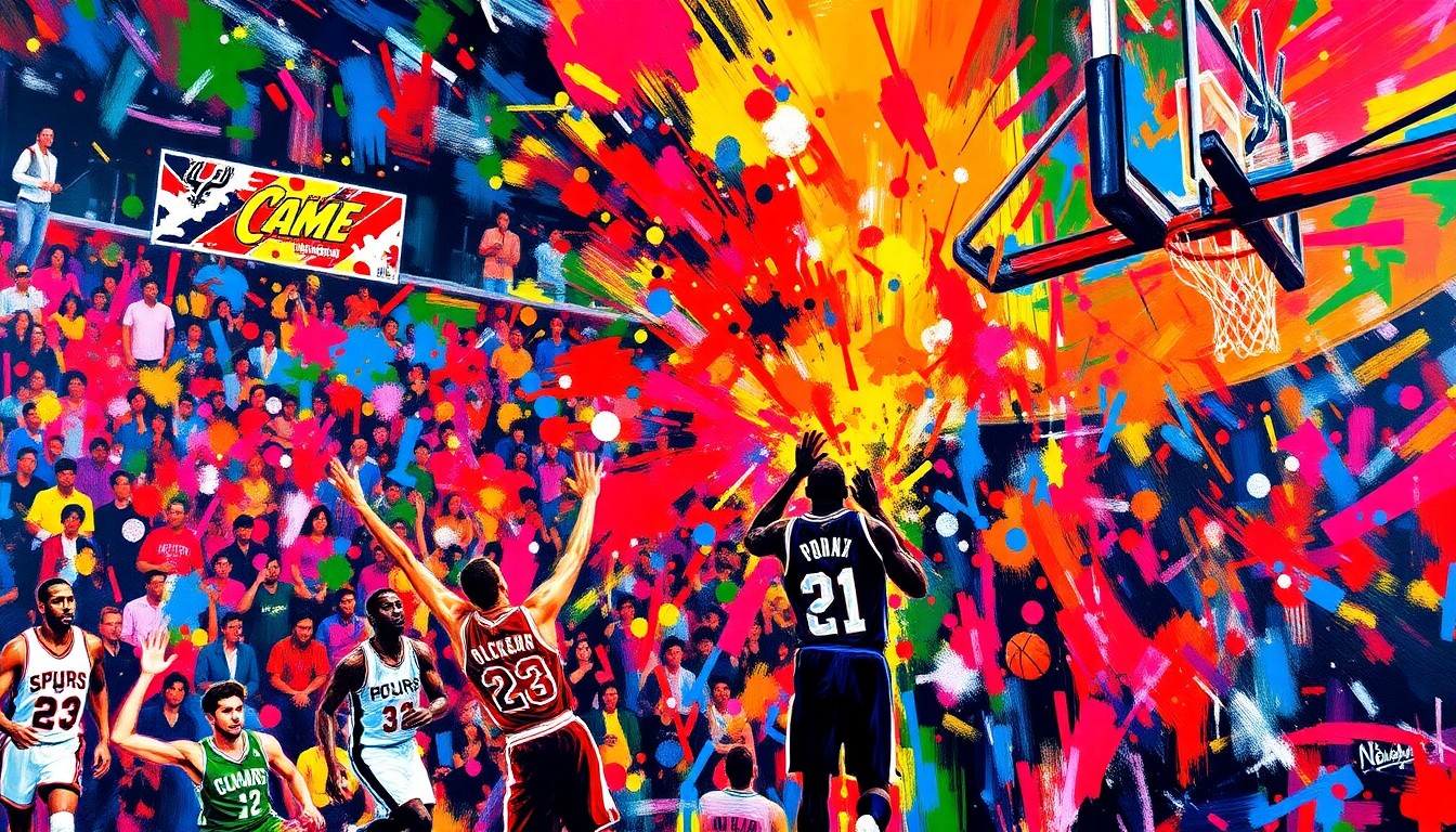An abstract, energetic painting featuring vibrant neon brushstrokes and splashes of color, capturing the raw intensity and excitement of an NBA playoff game.