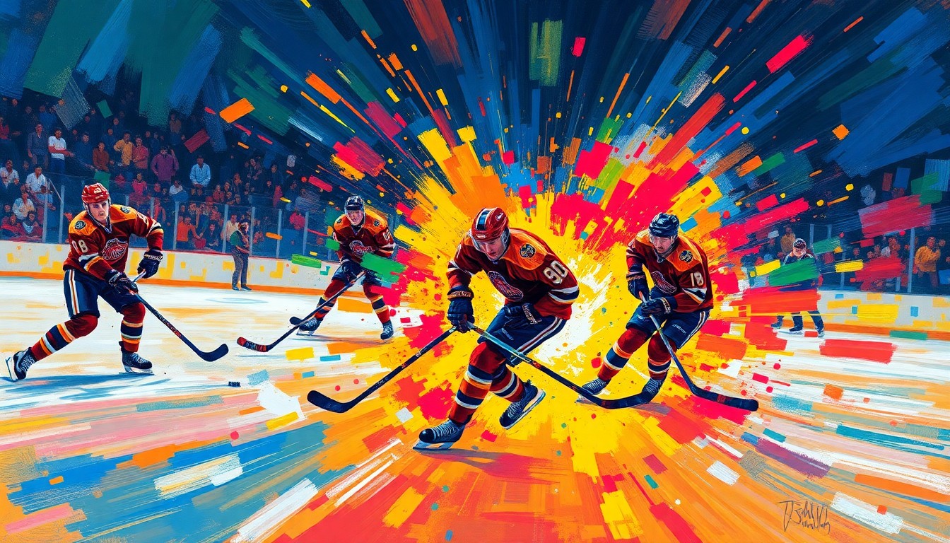 An abstract, energetic painting in neon colors depicting the fast-paced action of a hockey game, with players' forms blending into the vibrant brushstrokes.