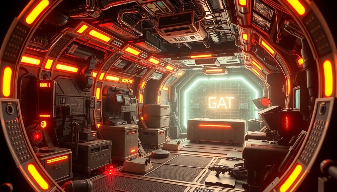 A highly detailed 3D illustration of a glowing, neon-lit underground bunker filled with various cybernetic hardware components and infrastructure, representing the technological advancements in modern warfare and the need for soldiers to hide from advanced surveillance systems.