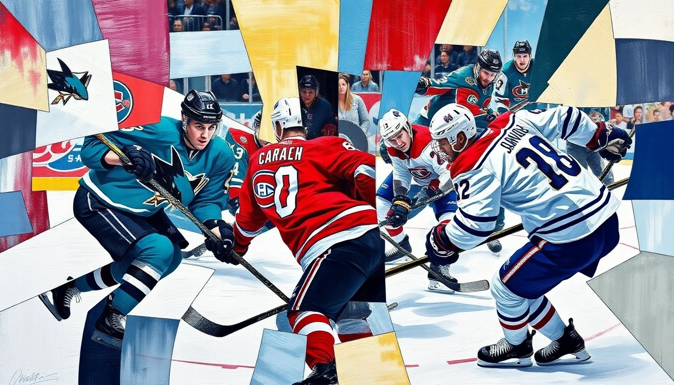 A fragmented, geometric painting in the style of Pablo Picasso, depicting the dynamic movements and clashing colors of a hockey game between the San Jose Sharks and Montreal Canadiens.