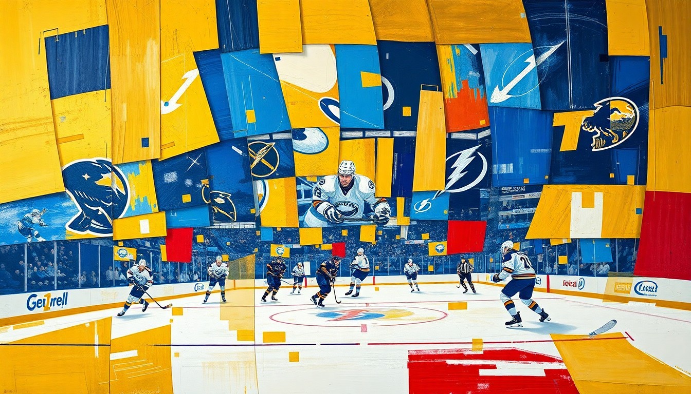 A cubist, geometric painting depicting a hockey game between the Buffalo Sabres and Tampa Bay Lightning, with sharp, overlapping planes of vibrant blues, golds, and reds capturing the intensity of the action.