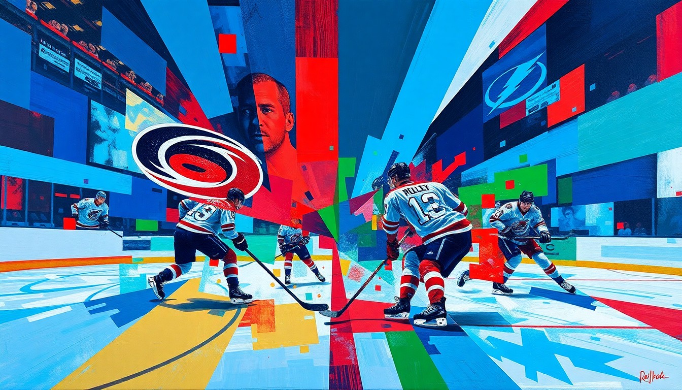 A cubist, geometric painting depicting the intense hockey action between the Carolina Hurricanes and Tampa Bay Lightning, with sharp, overlapping planes of blue, red, and green representing the players, puck, and arena.