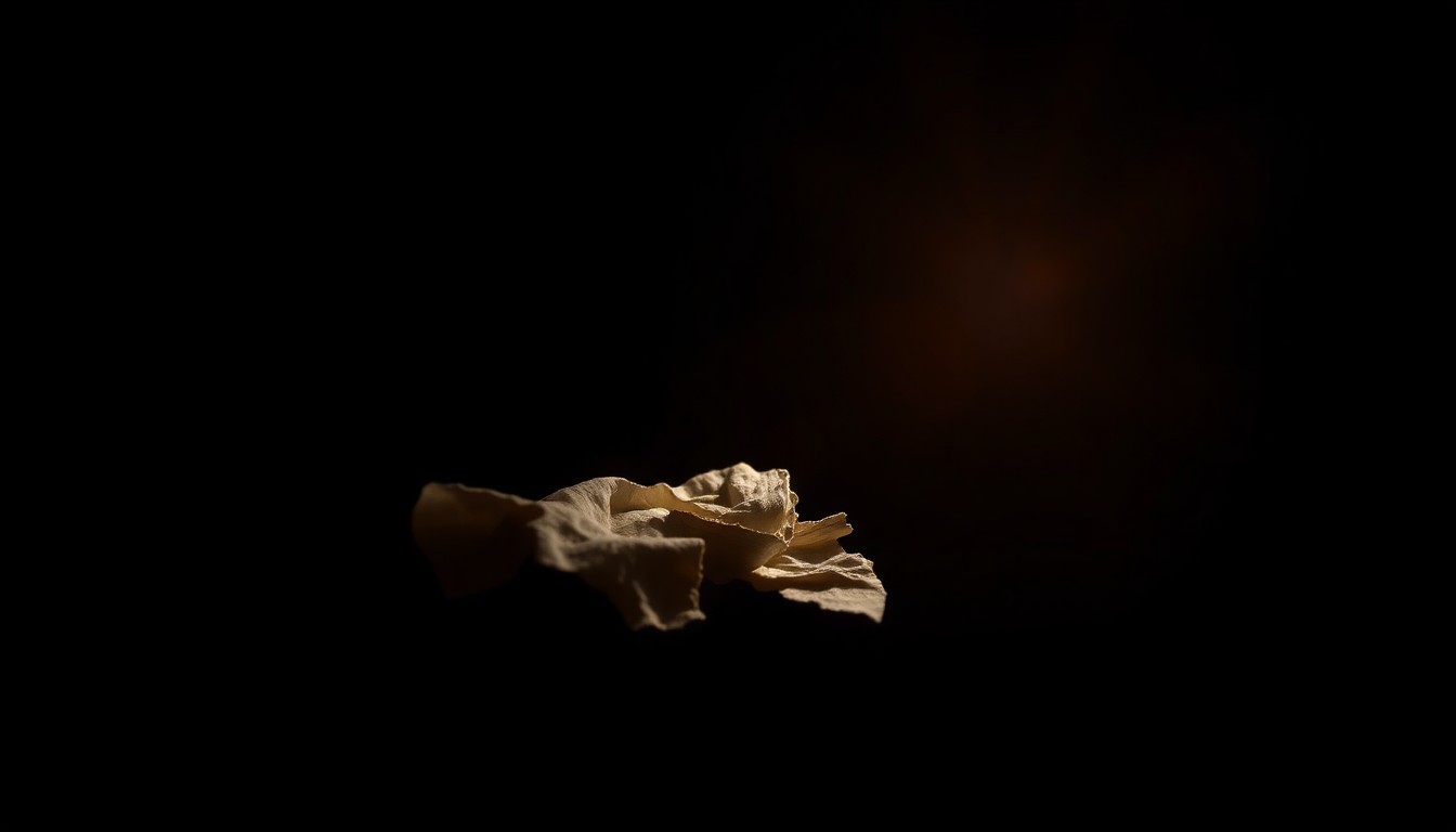 An extreme close-up photograph of a crumpled piece of fabric or broken object, dramatically lit by a harsh camera flash against a pitch-black background, conceptually representing the investigation into an unexpected death.