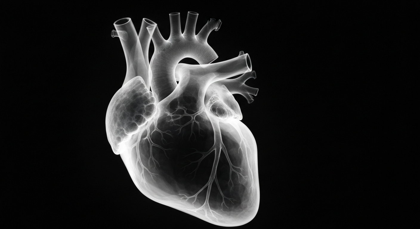 An extreme close-up X-ray photograph of a human heart, rendered in a ghostly, glowing outline against a dark background, conceptually representing the delicate nature of life.