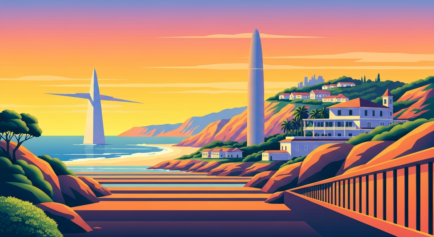 A conceptual illustration in the Art Deco Monumentalist style, depicting the grand scale and romantic essence of Monterey County's travel landscape through sweeping, geometric gradients and towering architectural forms.