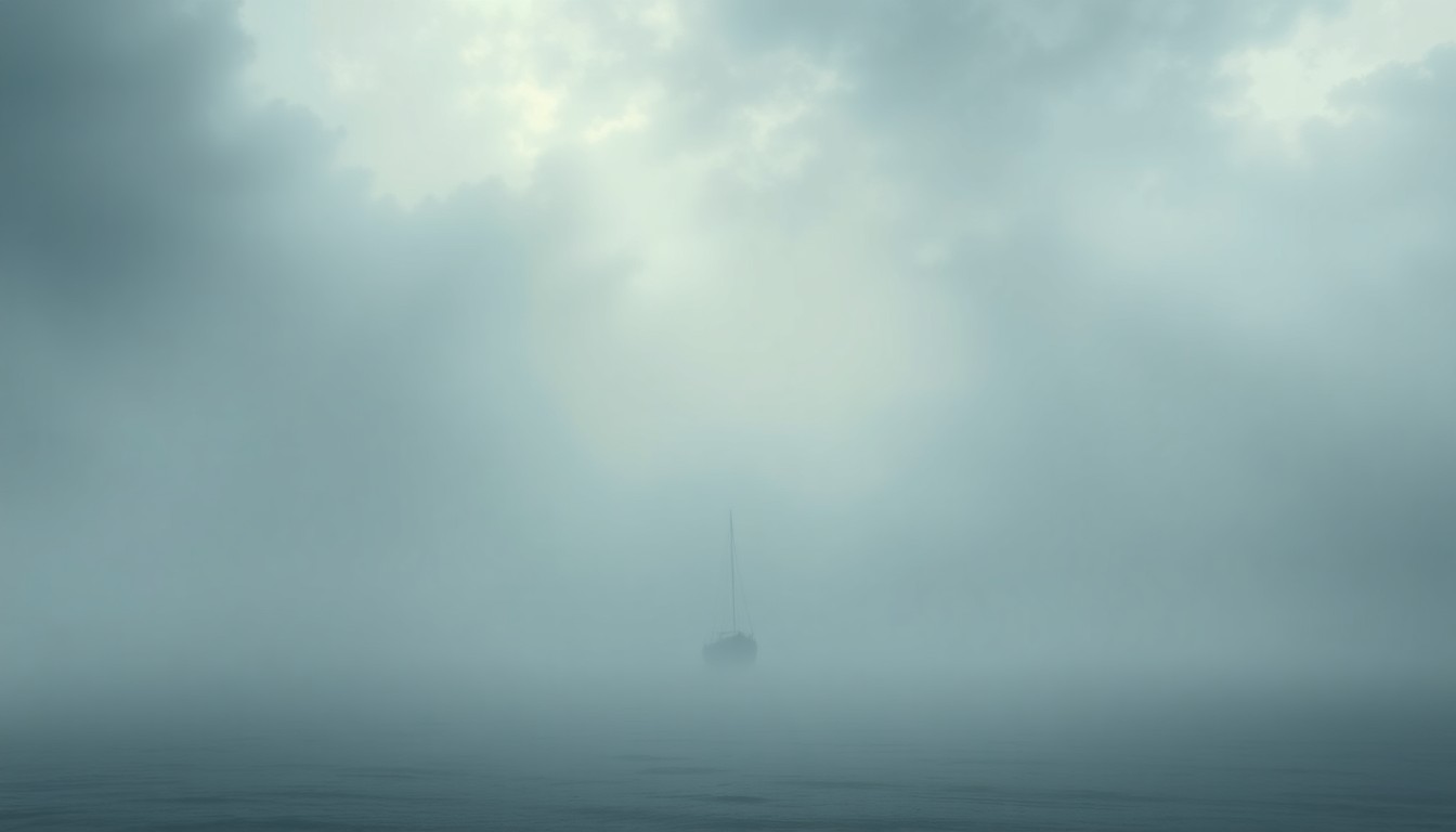 A heavily textured, atmospheric landscape painting in muted blues and grays, with a single, partially obscured boat in the distance, conveying a sense of the overwhelming power of nature and the fragility of human activities in the face of unexpected disasters.