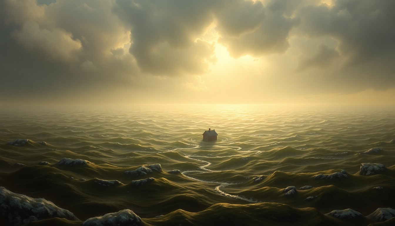 A sweeping, atmospheric landscape painting depicting a vast, turbulent body of water filling the frame, with a small, isolated house barely visible in the distance, dwarfed by the scale of the flooding.