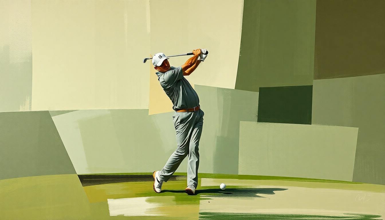 A cubist, geometric painting depicting a golfer's swing broken down into overlapping planes of muted green, brown, and gray tones, conveying the disruption and uncertainty facing South Korean golfers facing mandatory military service.