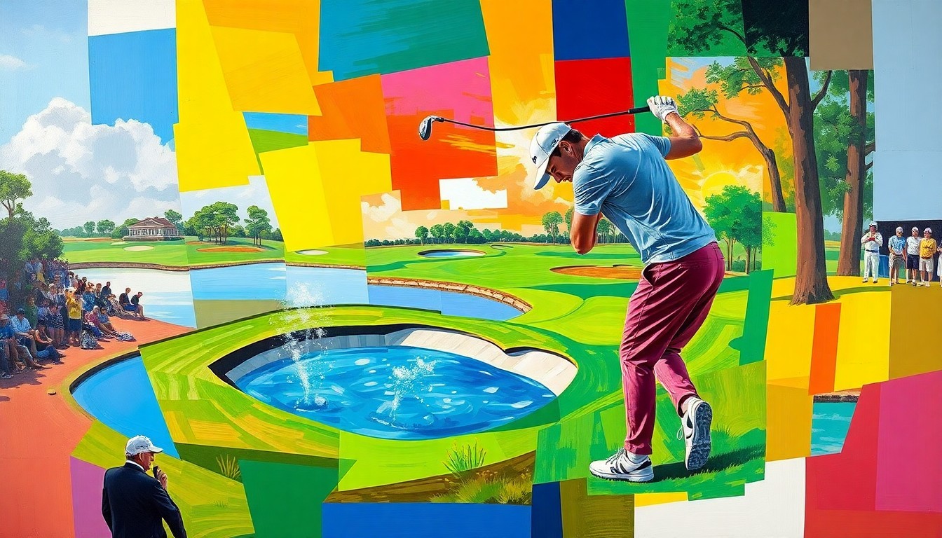 A fragmented, geometric painting depicting the dramatic final moments of Cameron Young's win at The Players Championship, with sharp planes of color representing the golf course, water, and player's uniform.