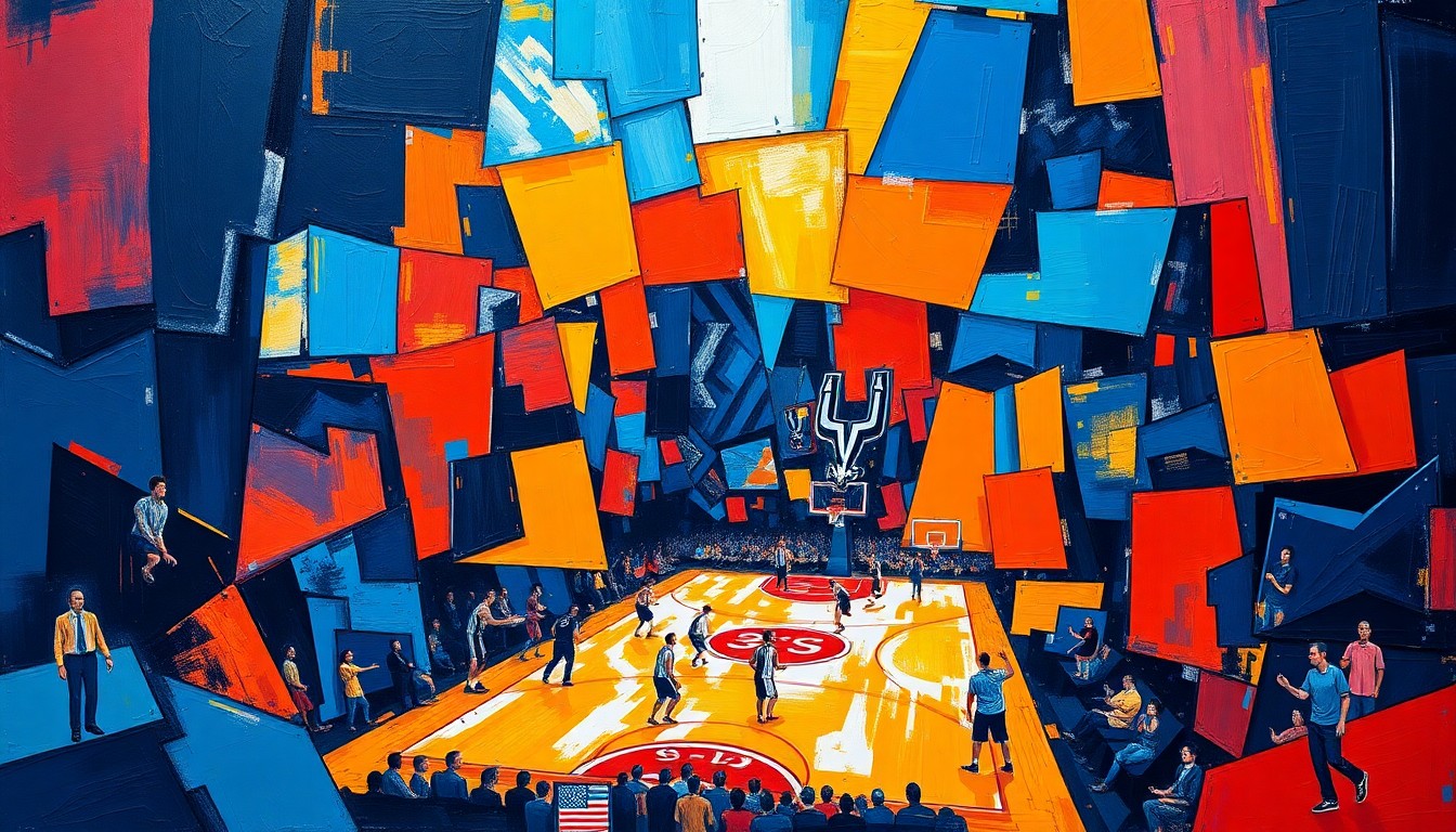 A cubist, geometric painting depicting a Spurs basketball game in motion, with sharp, overlapping planes of color representing the dynamic action on the court.