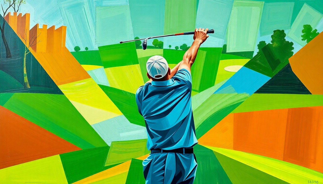A fragmented, geometric painting depicting a golfer's swing motion broken down into sharp, overlapping planes of color, conceptually representing the challenges of consistency in professional golf.
