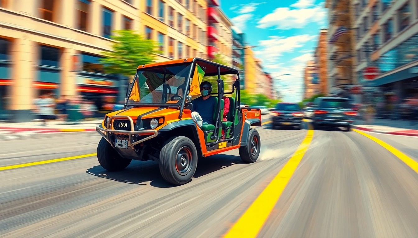 A vibrant, abstract painting depicting a UTV speeding down a city street, with overlapping geometric shapes and bold colors, conveying the energy and controversy surrounding this transportation issue.