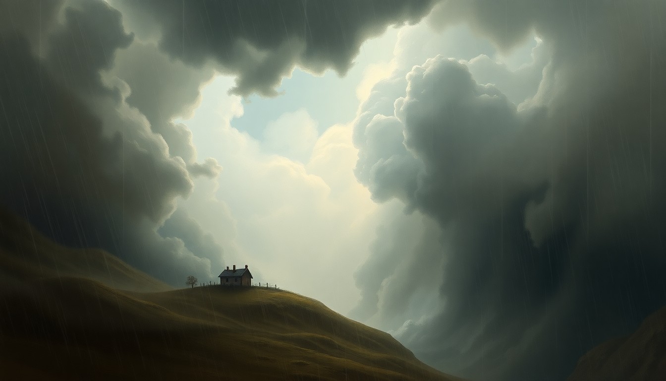 A vast, atmospheric landscape painting in muted tones of gray, blue, and green, with a distant, hazy house partially obscured by swirling storm clouds and heavy rain, conveying the overwhelming power and sublime scale of the natural world.