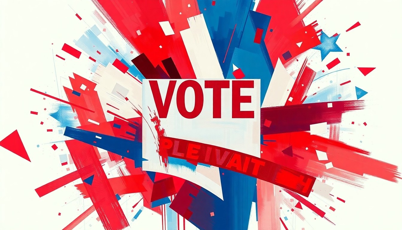 A dynamic, abstract painting featuring overlapping geometric shapes and lines in shades of red, white, and blue, conceptually representing the political energy and movement of a local election.