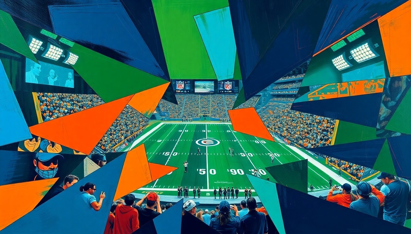 A fragmented, geometric painting in shades of blue, green, and orange, depicting the complex and multifaceted nature of the NFL Draft process.