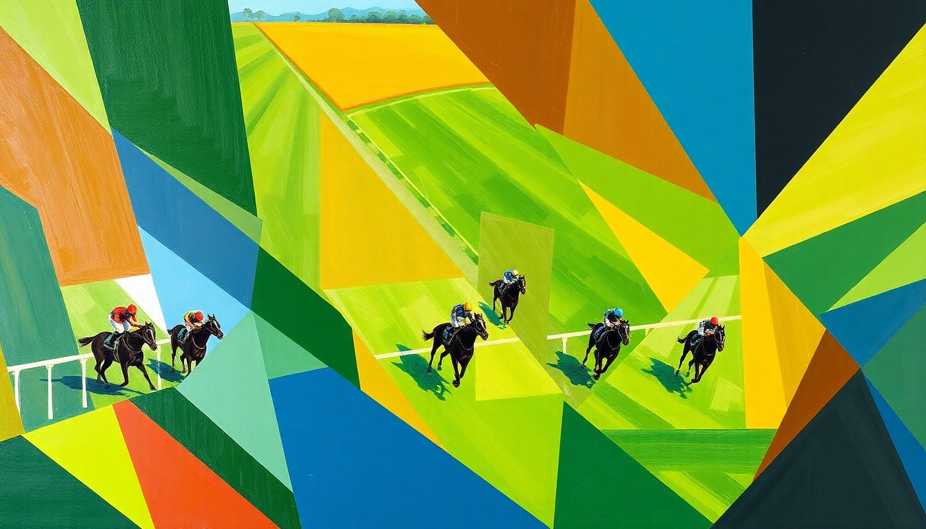 A cubist, geometric painting depicting the dynamic motion of horses and jockeys racing on a turf course, with overlapping planes of vibrant green, brown, and blue hues.