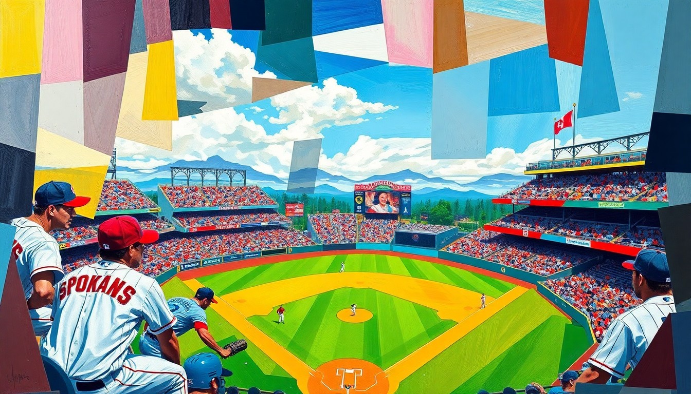 A cubist, geometric painting depicting a baseball game, with sharp, overlapping planes of color representing the players and action on the field.