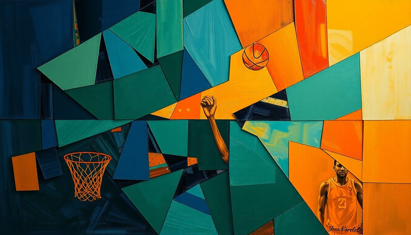 A cubist, geometric painting depicting a fragmented basketball game, with sharp planes of navy, green, and orange intersecting to create a dynamic, abstract composition.