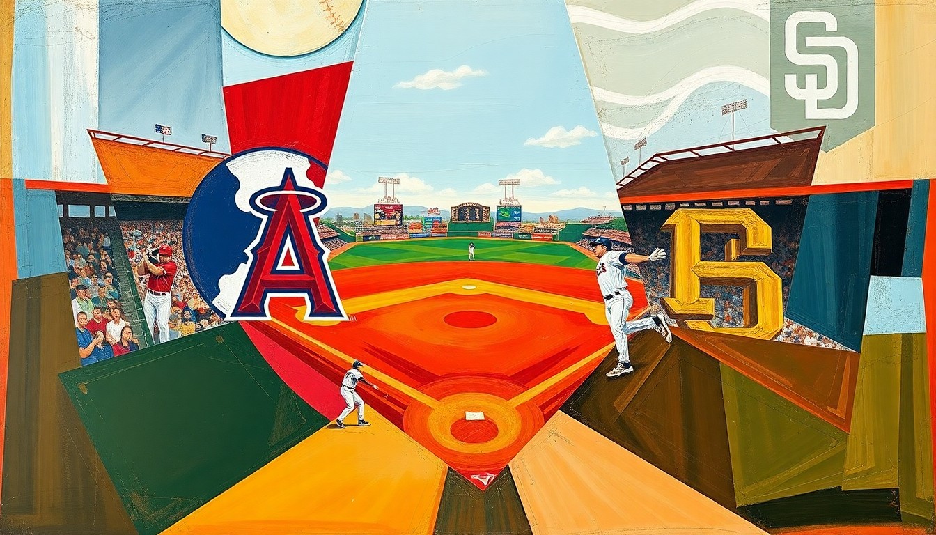 A fractured, multi-perspective painting featuring sharp, overlapping geometric shapes and planes in the colors of the Angels and Padres, conceptually representing the action and drama of a close baseball game.