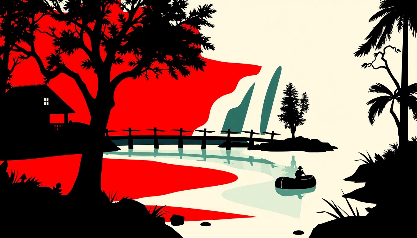 An abstract, minimalist illustration featuring bold, jagged geometric shapes in high-contrast red and black, conceptually representing the rustic, natural aesthetic of the former River Country water park at Walt Disney World.