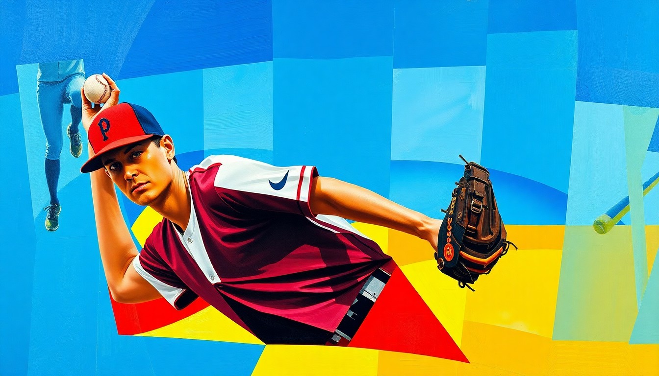 A fractured, geometric painting depicting the motion of a baseball pitcher, with sharp planes of color and overlapping perspectives, capturing the raw energy and precision of the sport.