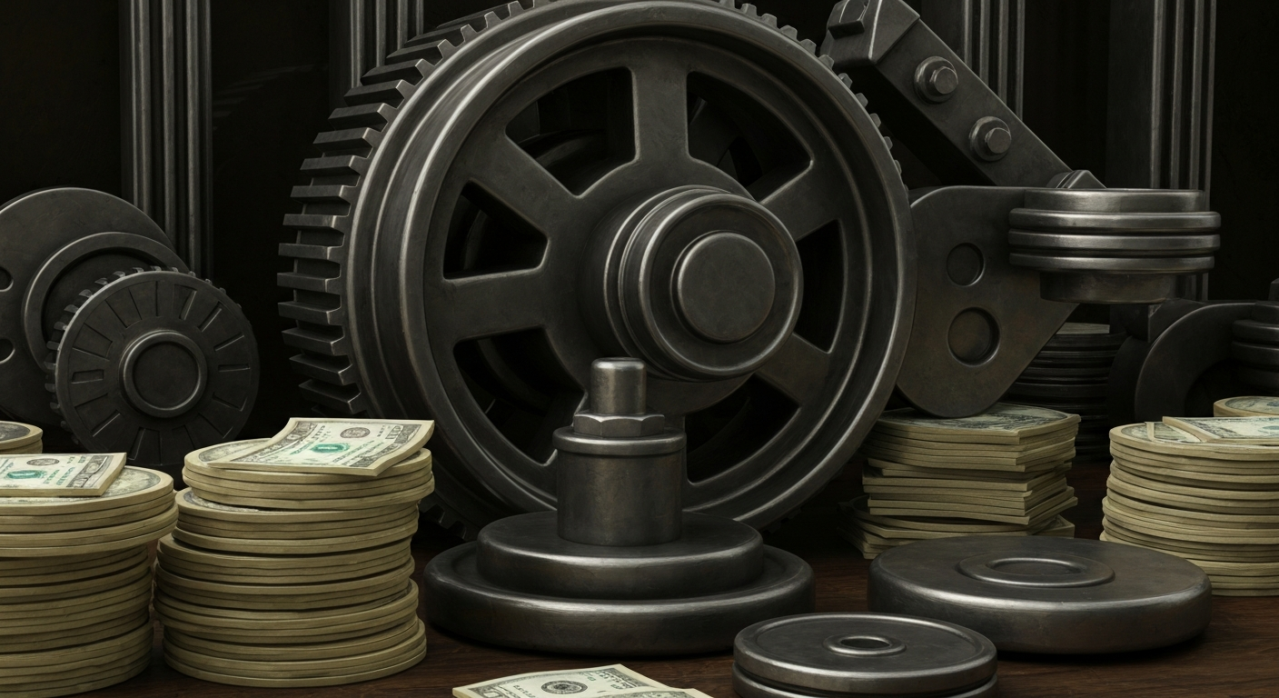 An extreme close-up of gears, levers, and other heavy industrial banking machinery, conveying a sense of financial security and institutional power through physical, tangible elements.