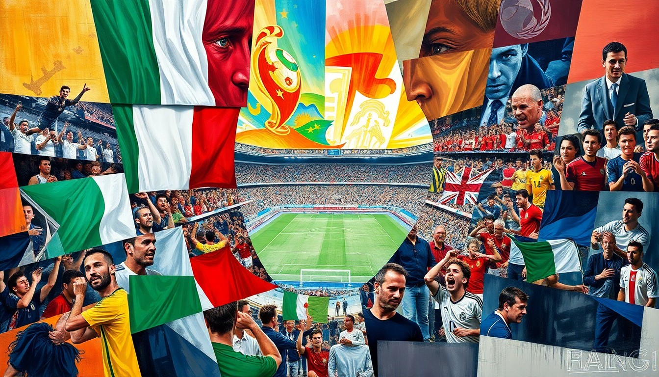 A cubist, geometric painting depicting the intense action and emotions of the Euro 2021 final between Italy and England, with fragmented and overlapping shapes representing the players, the stadium, and the drama of the match.