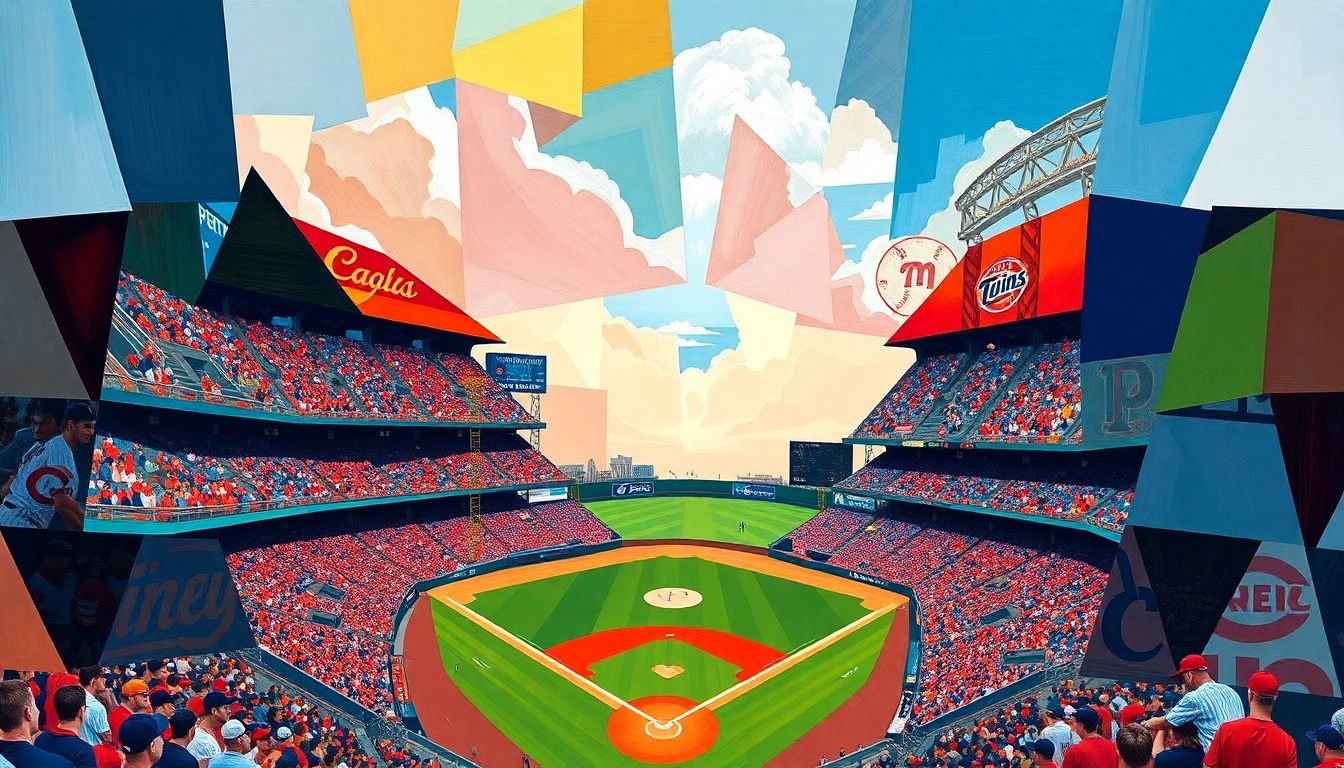 A fractured, geometric painting in bold colors, depicting the action and energy of a baseball game through Picasso-esque abstraction.