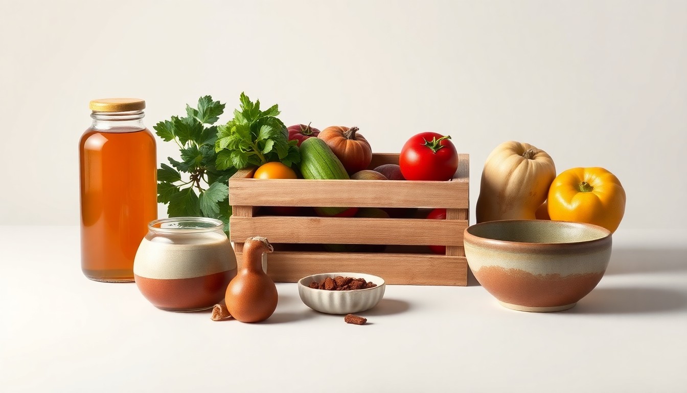 A high-end studio still life photograph featuring a collection of premium, polished objects like a glass jar of honey, a wooden crate of produce, and a handcrafted ceramic bowl, arranged elegantly on a clean, monochromatic background to convey a sense of quality, craftsmanship, and community.