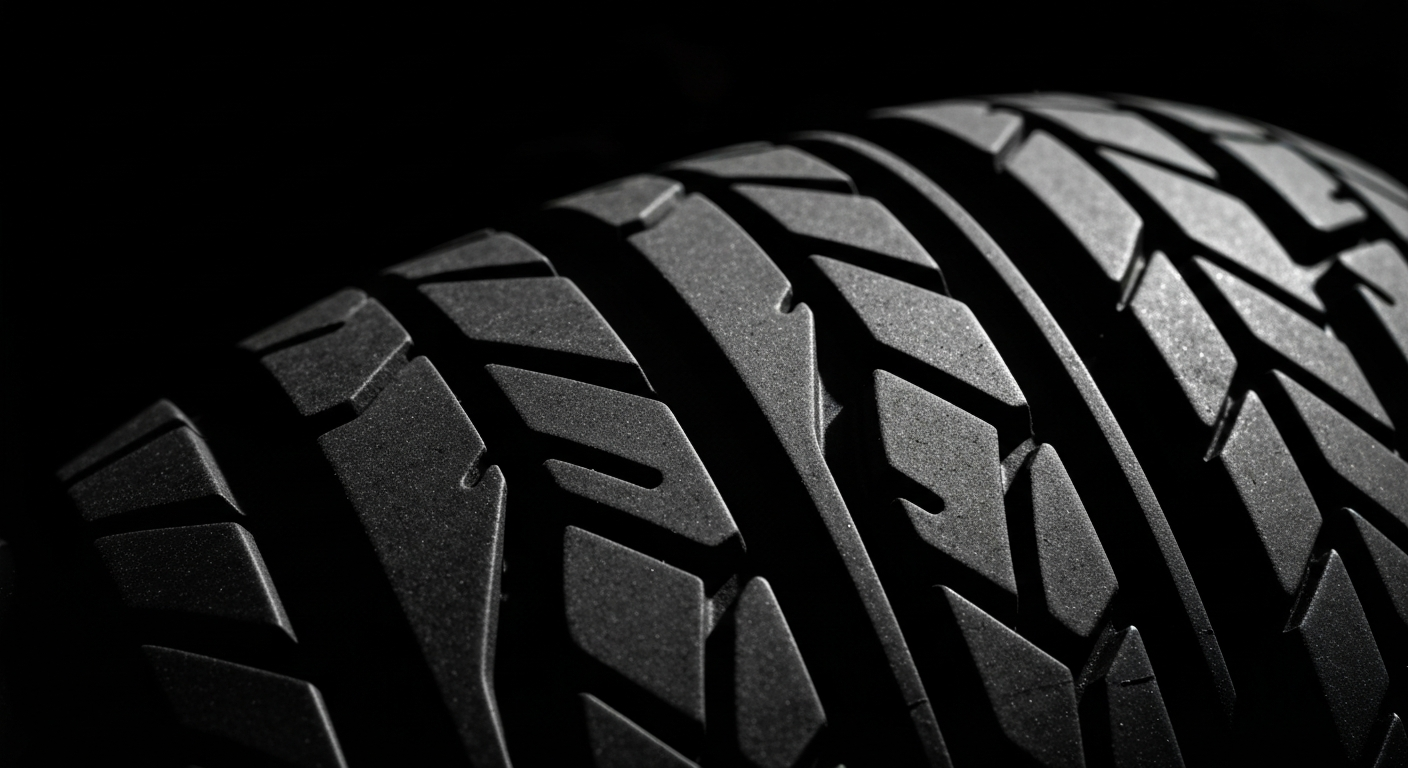 An extreme close-up of a heavily textured automotive part, such as a tire tread or engine component, captured in dramatic, high-contrast lighting to showcase the raw materials and engineering of the automobile.