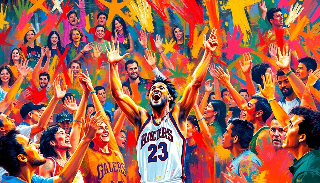 An abstract, expressionist painting in vibrant neon colors, capturing the raw energy and emotion of a basketball crowd cheering and celebrating. The faces and forms of the crowd and a player are dissolved into unrecognizable splashes of paint, with the focus on the overall sense of excitement and nostalgia.