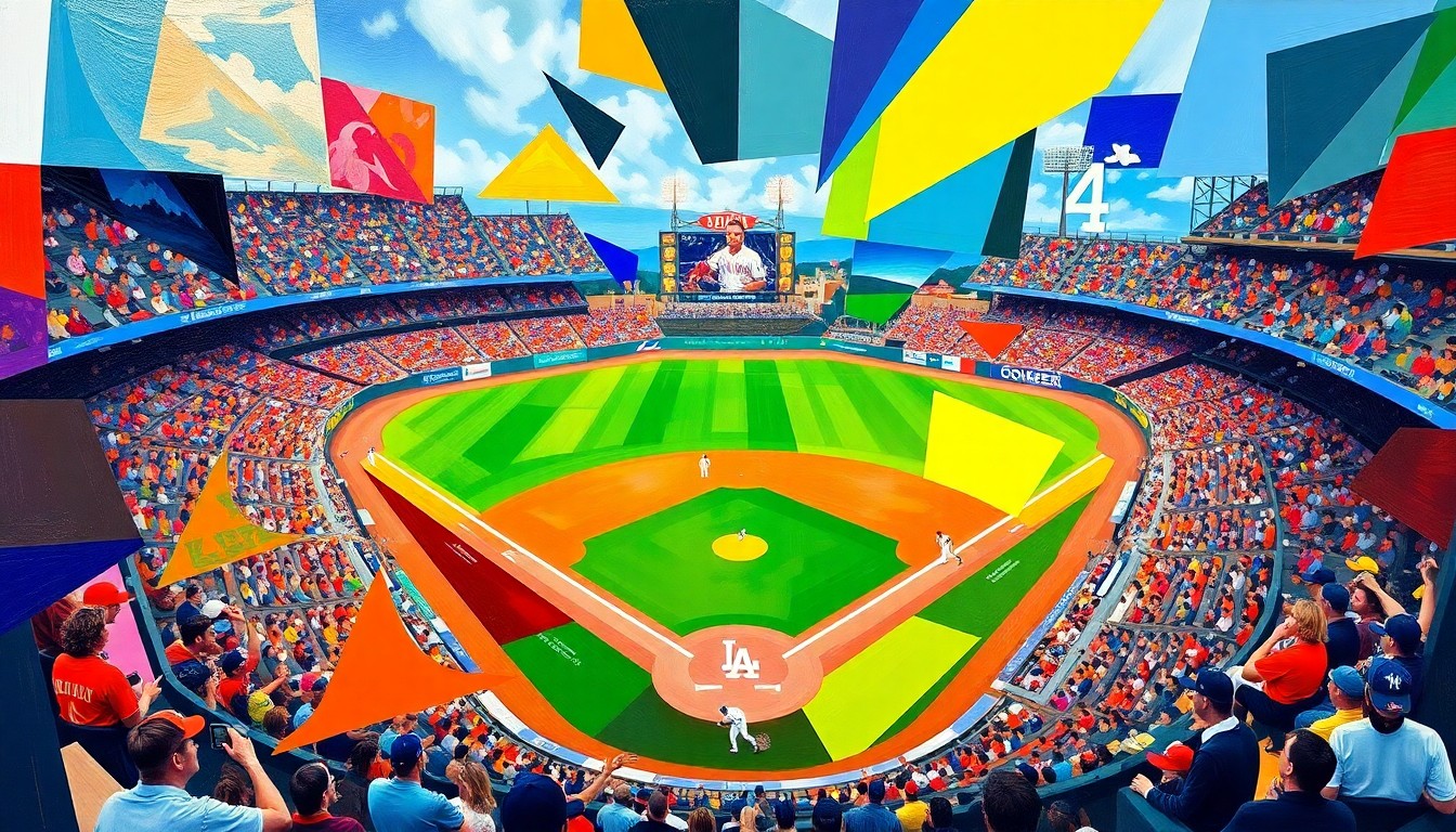A vibrant, cubist-style painting depicting a baseball game in fragmented, overlapping geometric shapes and planes of bright colors, capturing the energy and intensity of the competition between the Rockies and Dodgers.