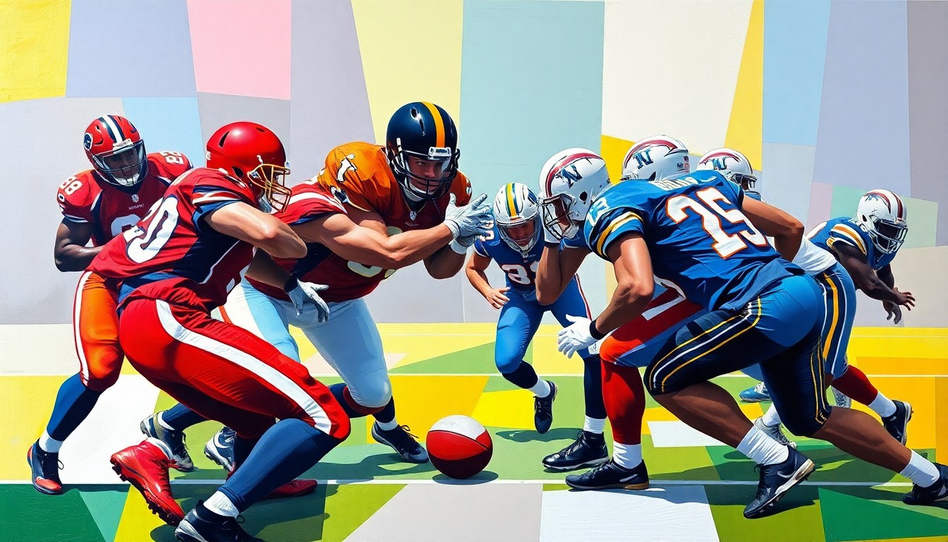 A fragmented, cubist-style painting depicting the action of a defensive football play, with sharp geometric shapes and planes of color representing the players and movement on the field.