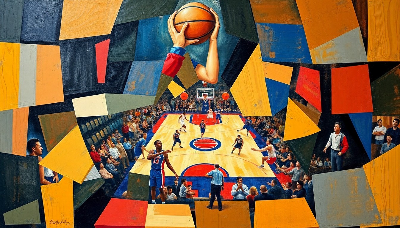 A fragmented, cubist-style painting depicting a Pistons basketball game, with the players and court broken down into sharp, overlapping geometric shapes and planes, conveying the frenetic energy and physical nature of their style of play.