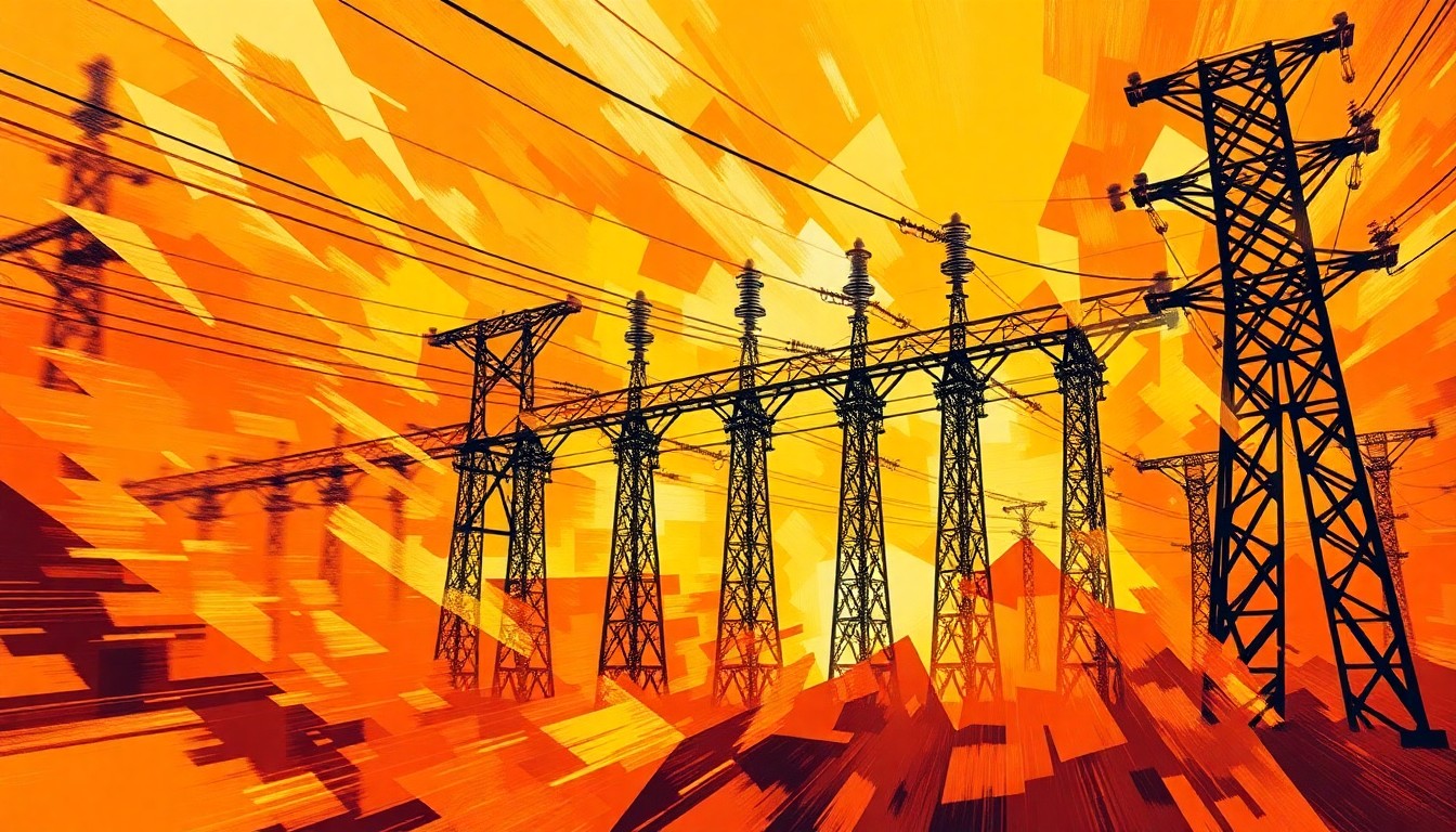 A vibrant, abstract painting featuring overlapping geometric shapes and waves of warm orange, yellow, and red colors, conceptually representing the dynamic energy of new power generation projects.