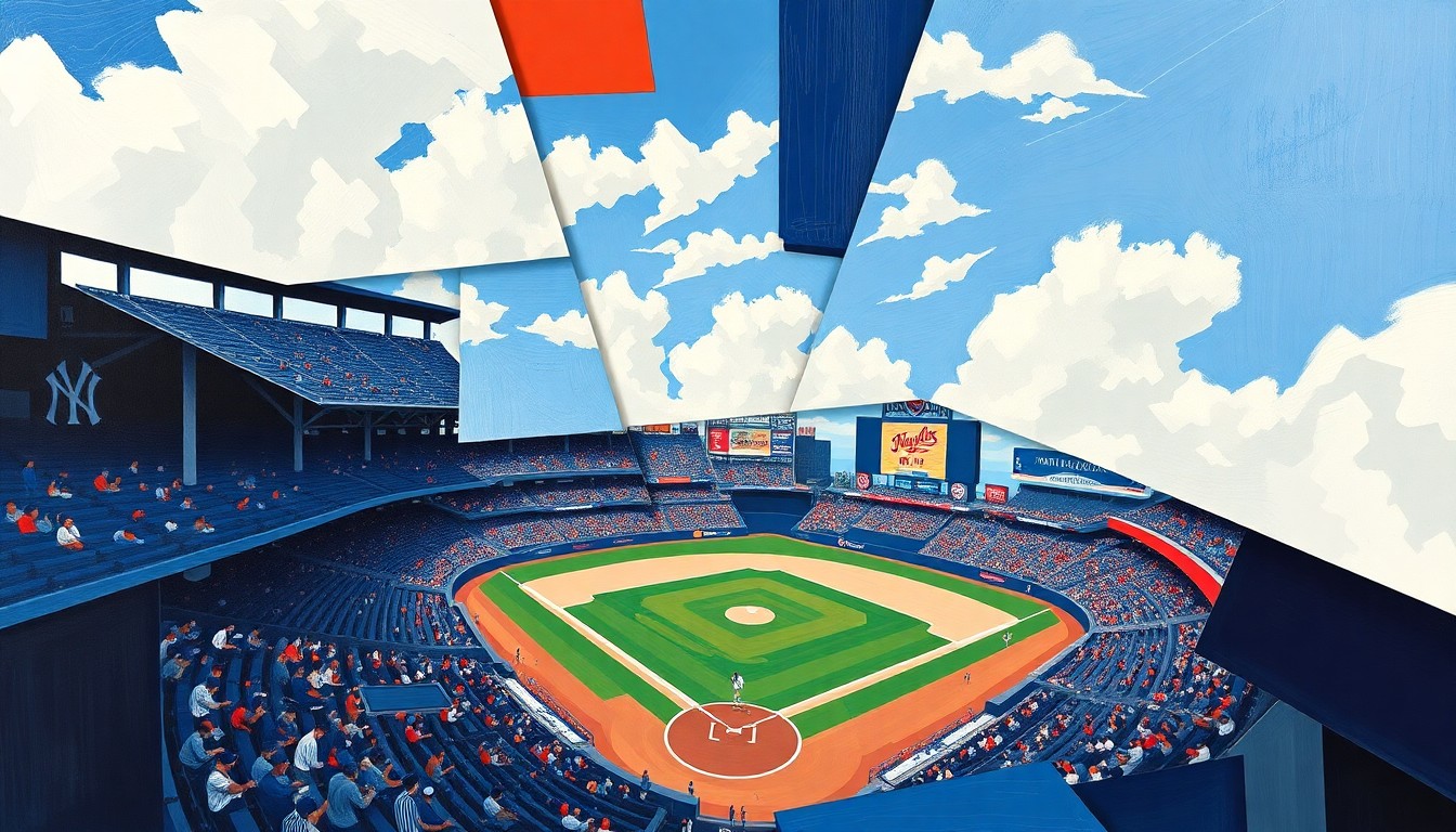 A cubist, geometric painting depicting a baseball game between the Yankees and Royals, with sharp, overlapping planes of color representing the players, field, and action on the diamond.