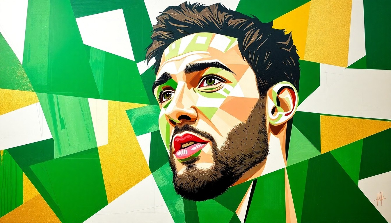 A cubist, geometric painting depicting Jayson Tatum's basketball movements and performance, with overlapping planes of green, white, and gold colors capturing the energy and dynamism of his playoff comeback.