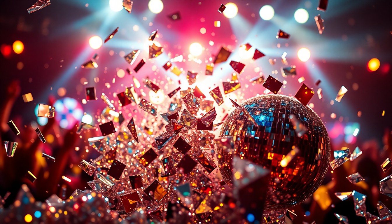 An abstract, high-contrast close-up photograph of shattered glass fragments reflecting stage lighting, conveying the energy and glamour of a major music festival.