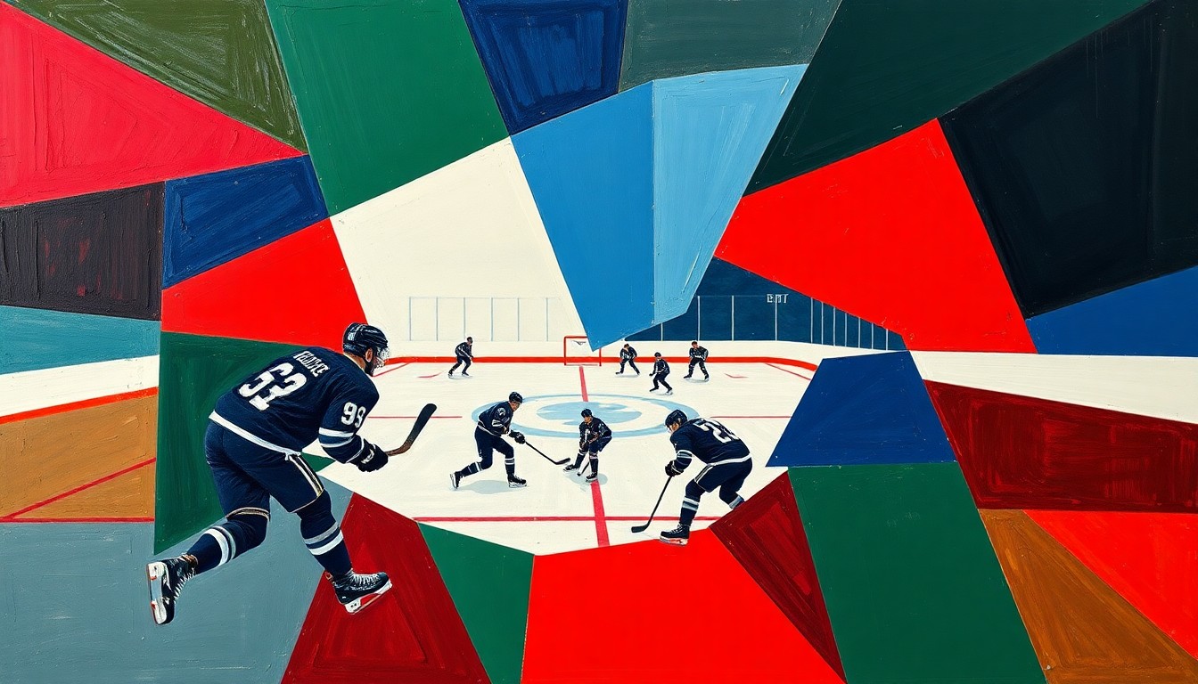 A cubist, geometric painting depicting the chaotic action of a hockey game, with overlapping planes of navy, green, and red representing the players and the intensity of the sport.