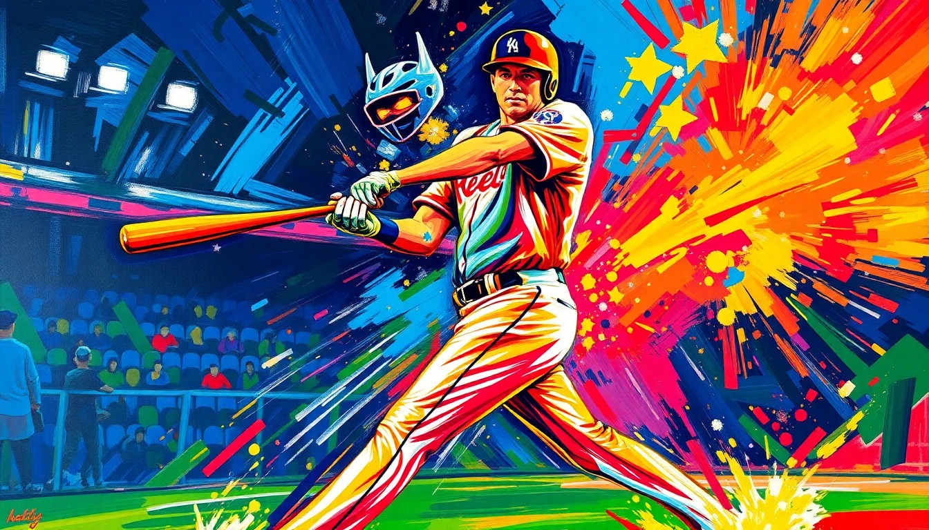 A dynamic, colorful expressionist painting depicting the powerful swing and explosive energy of a baseball player hitting a home run, with the player's form and motion blurred into vibrant brushstrokes.